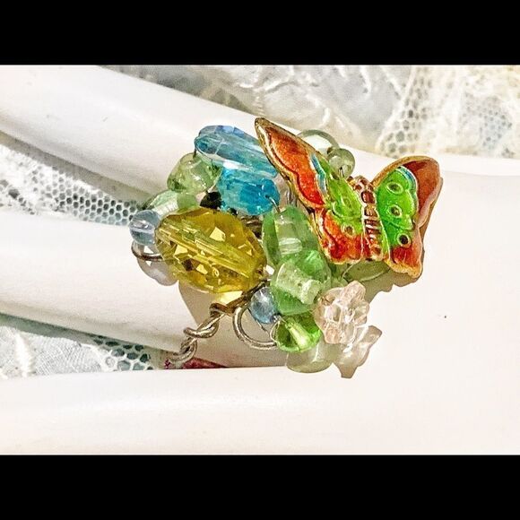Vintage Artist made Cloisonné butterfly crystal wire ring sz11 - Picture 6 of 8
